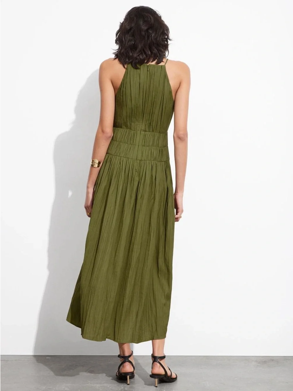 & Other Stories Olive Green Shirred‎ Sleeveless Midi Dress NWT Size 8